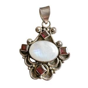 Sterling Silver Moonstone Garnet Pendant Vtg Boho Hippie 90s Multi Gemstone